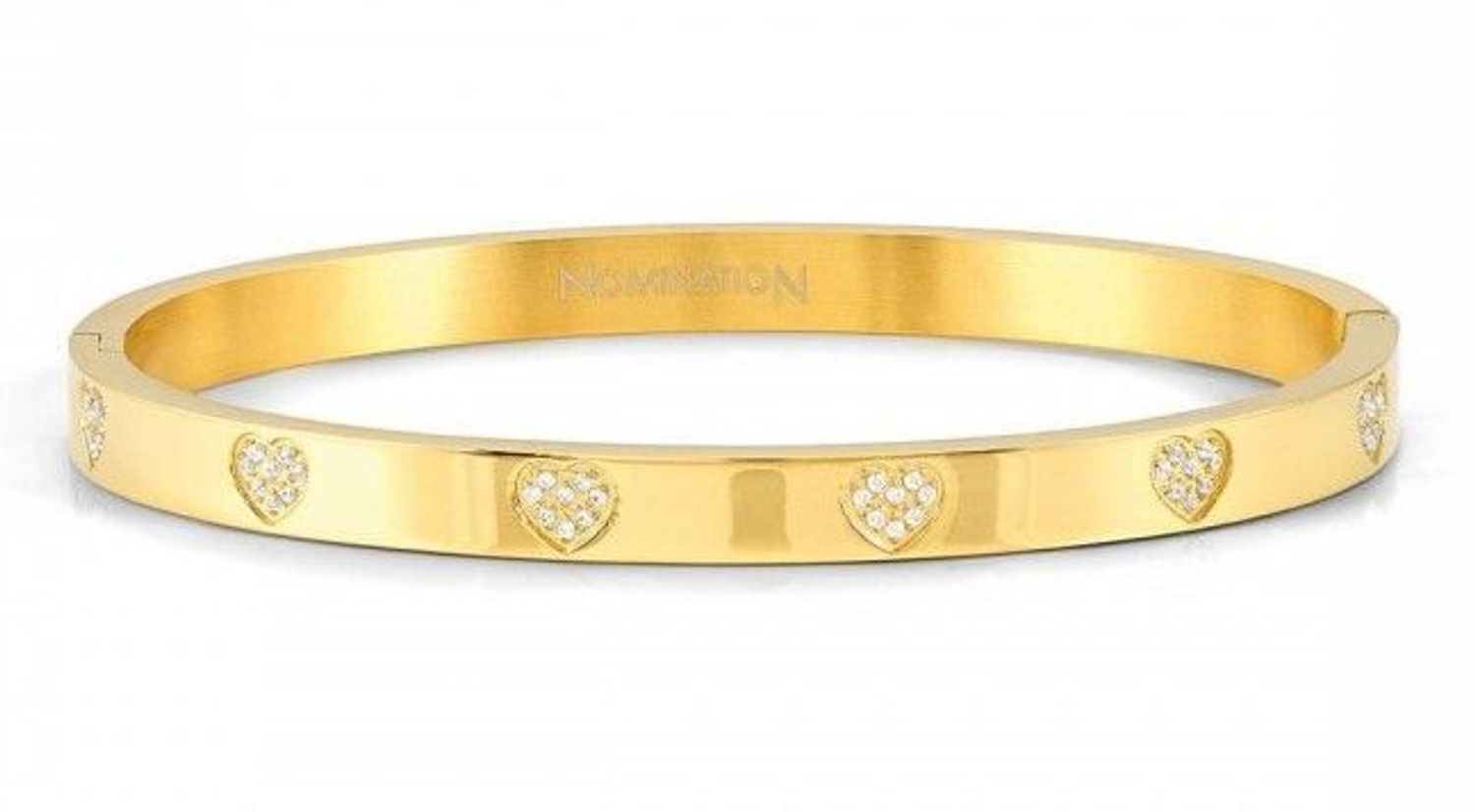 Bransoletka damska złota sztywna z sercami z cyrkonii Nomination 029503 006 z kolekcji Pretty Bangles. Bransoletka wykonana z najwyższej jakości stali szlachetnej, pozłacanej metodą PVD.jpg